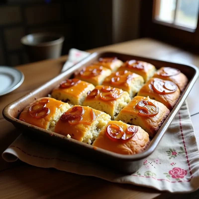 Torta dorada de pan de hígado con cebolla caramelizada en molde rectangular, cortada en porciones cuadradas, con textura esponjosa y cebolla brillante en la superficie. Receta tradicional española para tupper.