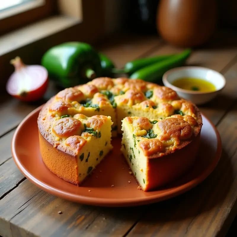 Torta dorada y esponjosa de pan de hígado con trozos visibles de cebolla y pimiento verde, cortada en porciones y servida en un plato rústico de barro. Receta de aprovechamiento fácil.