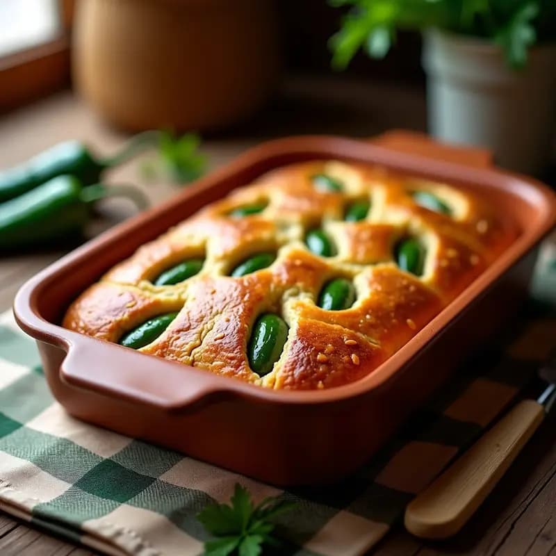 Torta dorada de pan de hígado con pimientos del Padrón asomando entre la masa, servida en fuente de barro rústica, receta tradicional de la abuela con toque picante.