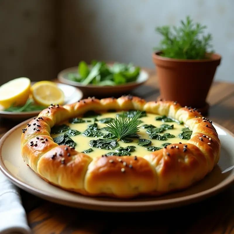 Torta dorada de ricota y espinacas con masa filo crujiente, servida en molde redondo con semillas de sésamo negro, receta griega sin azúcar.