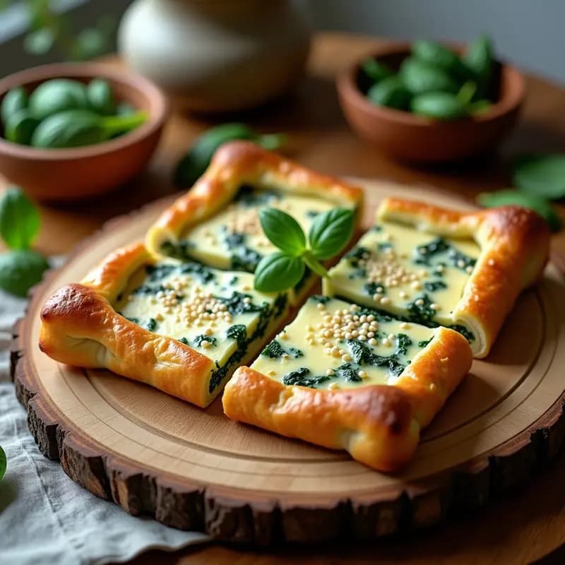 Torta de ricota y espinacas con masa de hojaldre dorada y crujiente, cortada en porciones cuadradas. Relleno cremoso de ricota y espinacas asomando entre las capas de hojaldre perfectamente laminado. Decorada con semillas de sésamo y servida en una bandeja de madera rústica con fondo de cocina moderna.