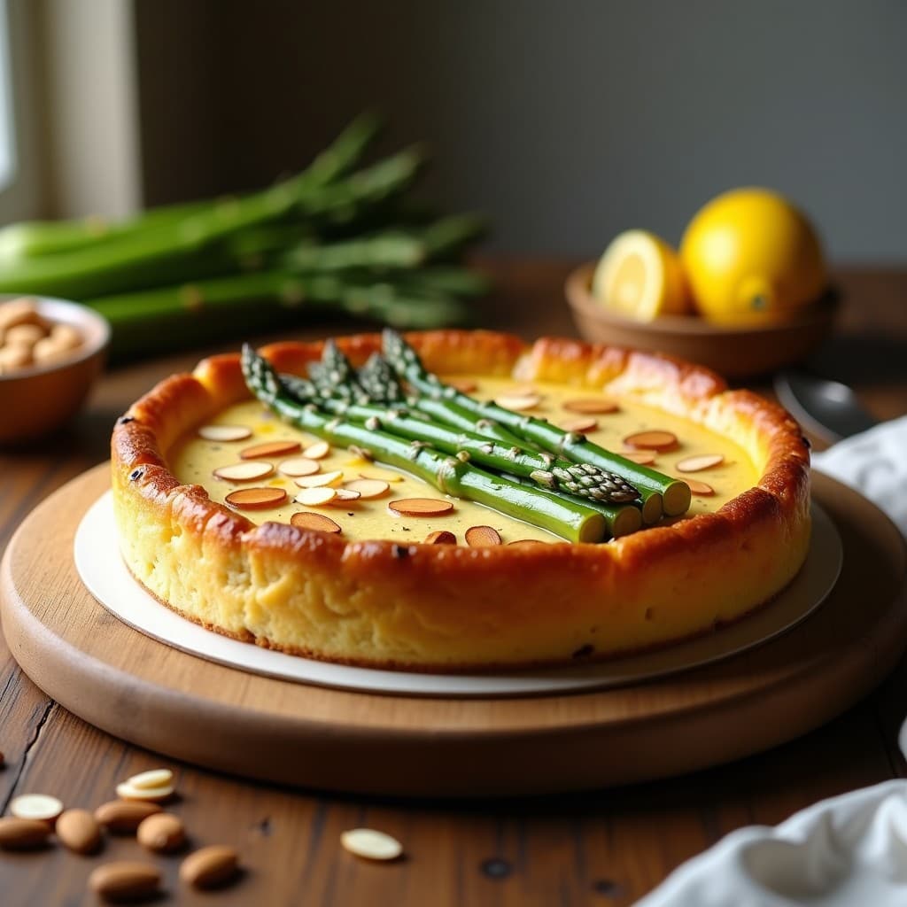 Torta italiana elegante de ricotta y mascarpone coronada con espárragos verdes asados y almendras fileteadas, servida en molde desmontable sobre tabla de madera rústica.