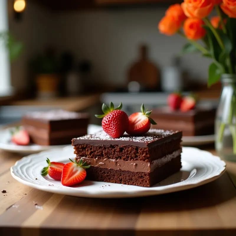 Torte de Sacramento de chocolate y avellanas sin gluten, corte en porción mostrando su interior húmedo y oscuro, con trozos de avellanas tostadas visibles. Servida en plato blanco con tenedor de postre y espolvoreada con cacao en polvo, acompañada de una taza de espresso.