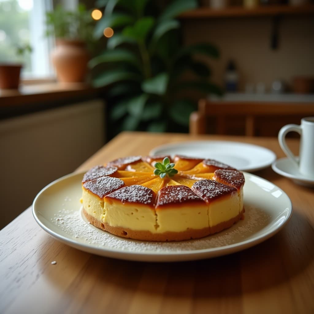 Torta de Santiago de almendras y matcha keto, postre español sin gluten, cortada en porciones sobre un plato de cerámica blanca con detalles dorados, decorada con almendras fileteadas y un toque de matcha en polvo espolvoreado.