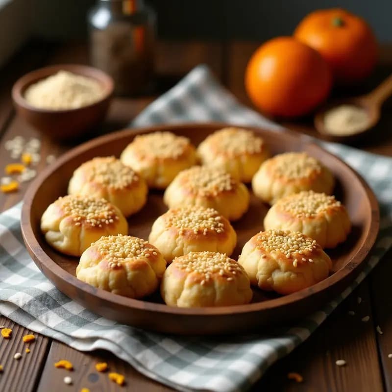 Tortas de aceite con semillas de ajonjolí colombianas sin gluten, doradas y crujientes, dispuestas en una bandeja de madera rústica con un paño de lino a cuadros. Receta tradicional con toques modernos.