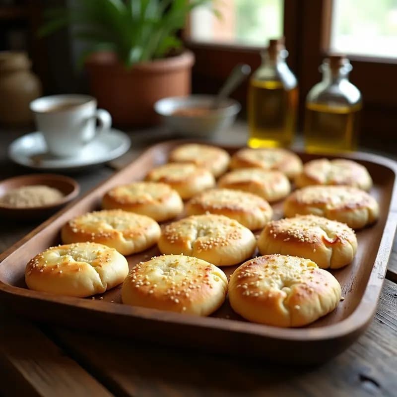 Tortas de aceite andaluzas doradas y crujientes, decoradas con semillas de sésamo, dispuestas en un plato de barro rústico sobre un mantel de lino blanco. Receta tradicional sin gluten y sin azúcar.