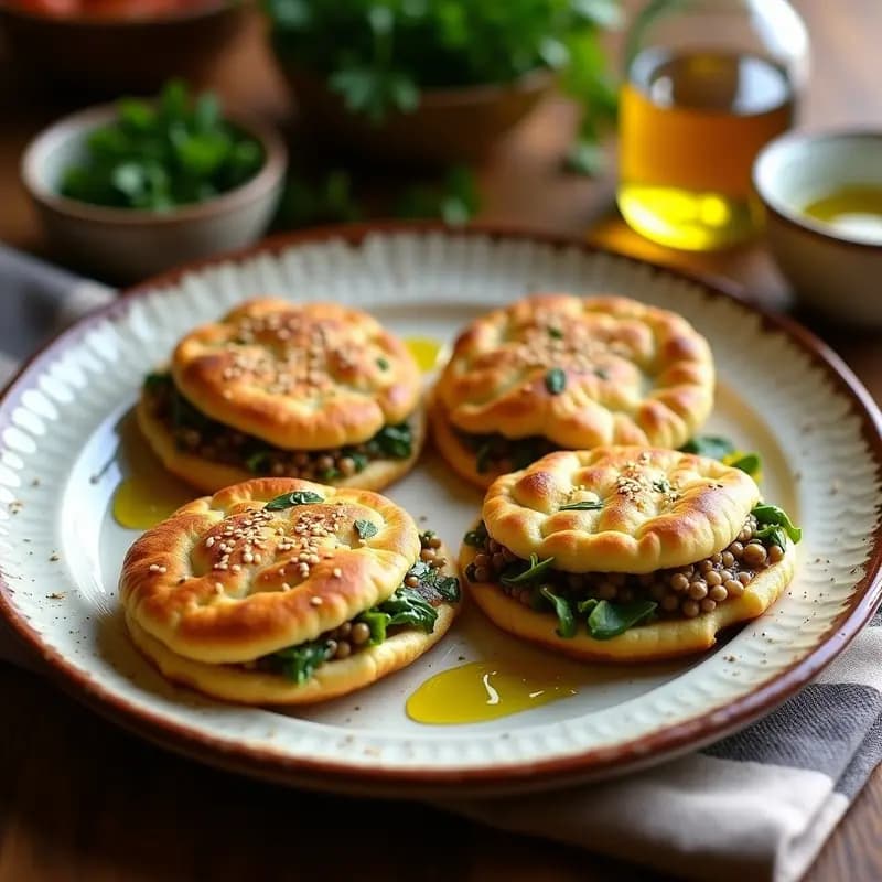 Plato de tortas de aceite veganas doradas y crujientes, rellenas de lentejas y espinacas, con semillas de sésamo visibles, servidas sobre un mantel rústico.