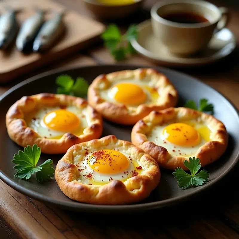 Tortas de aceite extremeñas doradas y crujientes rellenas de huevo y sardinas, servidas en un plato de barro con perejil fresco. Desayuno tradicional español energético y alto en proteína.