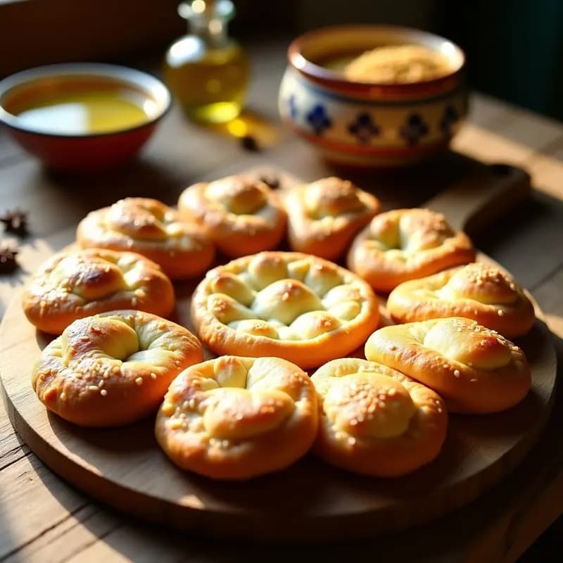 Tortas de aceite de Inés Rosales recién horneadas, doradas y crujientes, con semillas de sésamo espolvoreadas, dispuestas en una bandeja de madera rústica sobre papel de horno. Receta andaluza tradicional sin conservantes.