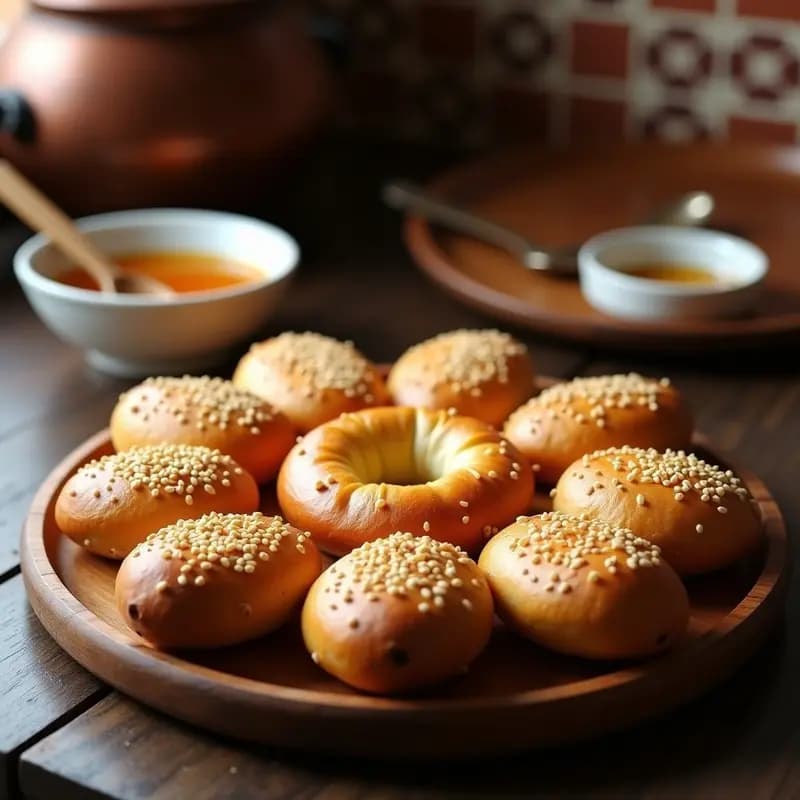 Plato rústico de madera con tortas de aceite de Inmemorial doradas y crujientes, espolvoreadas con semillas de sésamo, acompañadas de un cuenco de manteca de cerdo ibérica. Receta tradicional sevillana.