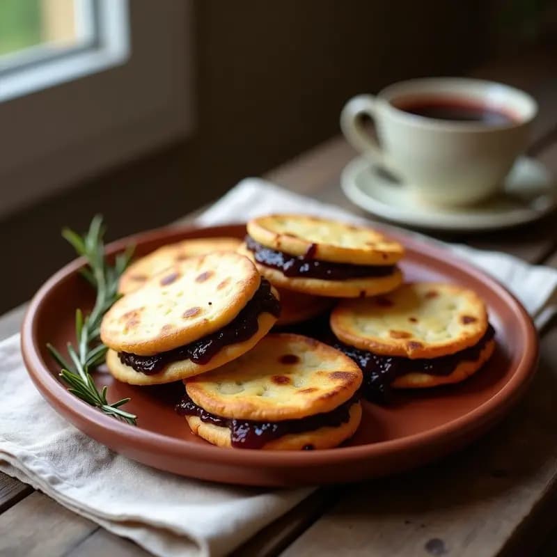 Tortas de aceite doradas y crujientes sobre una bandeja de madera rústica, untadas con mermelada de higos oscura y espolvoreadas con almendras fileteadas. Desayuno andaluz sin lactosa con textura artesanal.