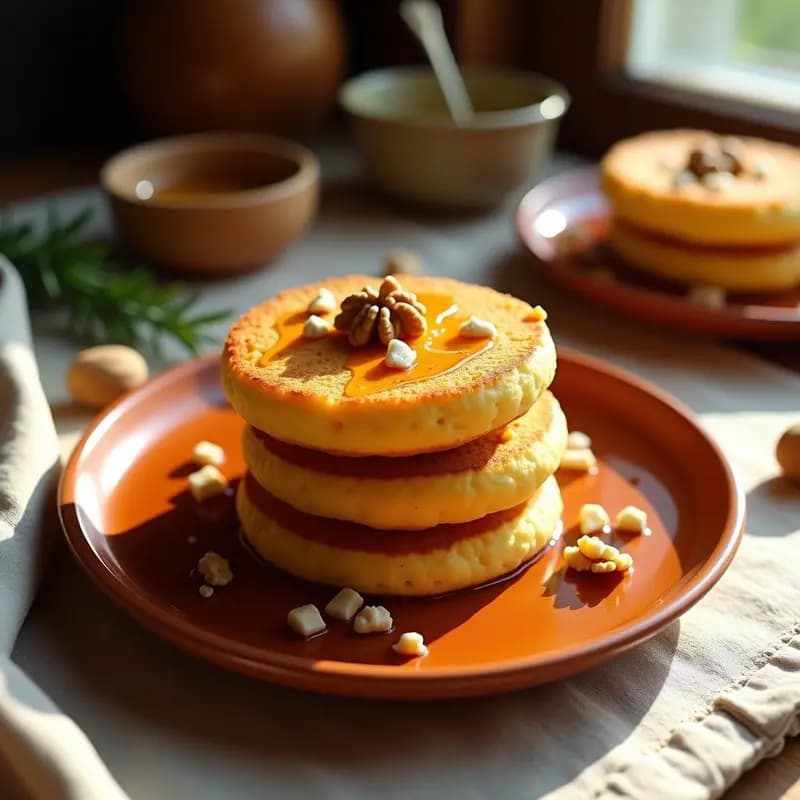 Tortas de aceite doradas con miel brillante y nueces picadas, apiladas en un plato de barro rústico sobre un mantel de lino. Receta andaluza de desayuno energético.