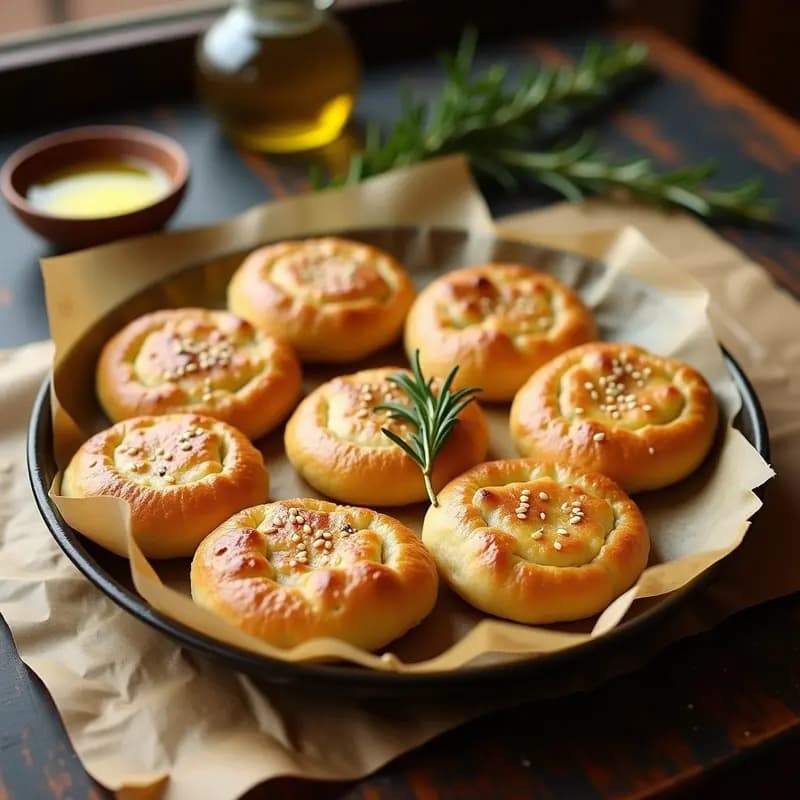 Tortas doradas de aceite de oliva y romero sin harina, con semillas de sésamo tostadas, sobre papel de horno rústico. Receta andaluza tradicional reinventada sin gluten.