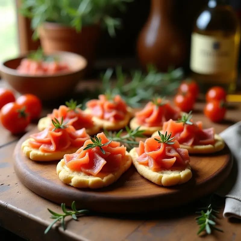 Plato rústico de madera con tortas de aceite manchegas abiertas, cubiertas con tomate rallado fresco, taquitos de jamón serrano y un hilo de aceite de oliva virgen extra. Aperitivo tradicional manchego fácil y rápido.