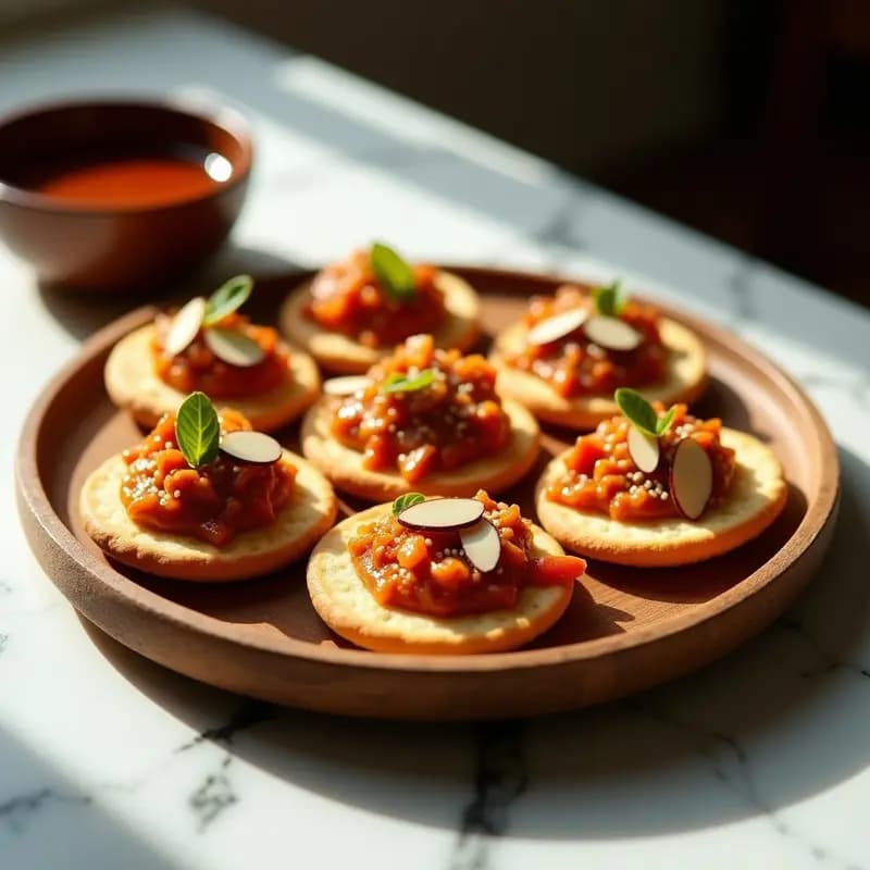 Plato rústico de madera con tortas de aceite doradas, cubiertas de salsa romesco cremosa y decoradas con almendras fileteadas y semillas de sésamo, aperitivo español sin gluten con vinagre de Módena.