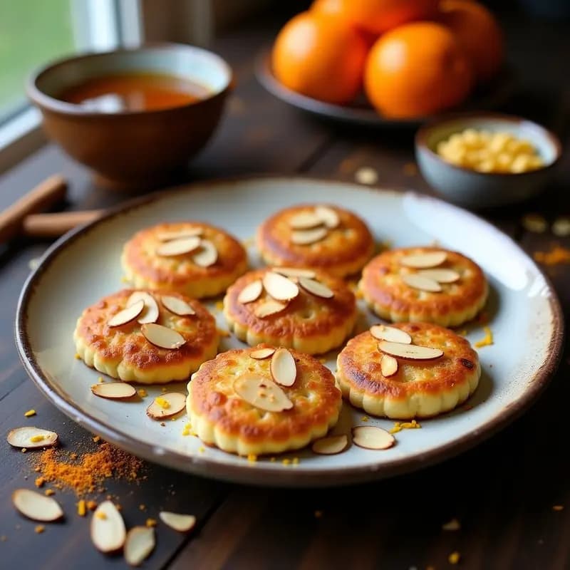Tortas de aceite con vinagre de Módica dispuestas en una bandeja de madera rústica, doradas por fuera con almendras fileteadas tostadas por encima. Al fondo, un tarro de vinagre de Módica y una taza de café negro, desayuno siciliano keto.