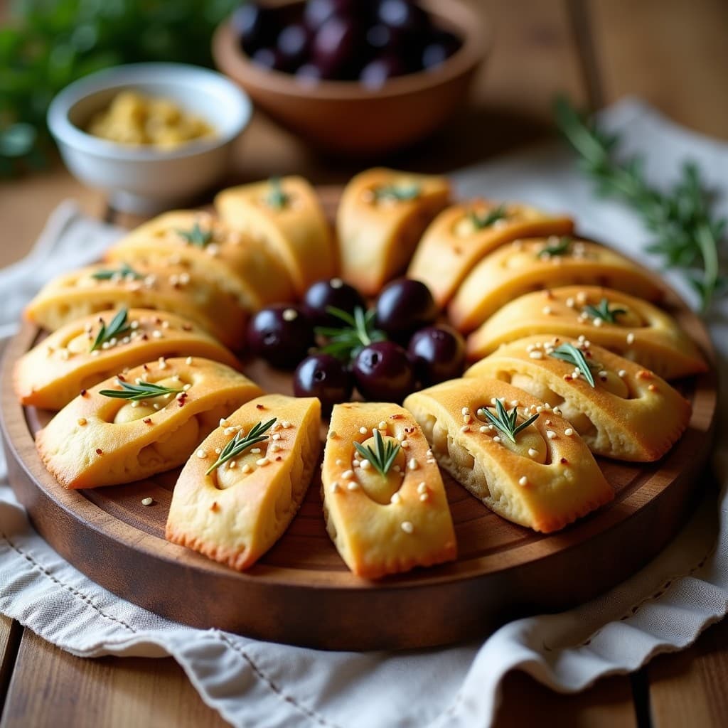 Tortas doradas y crujientes de aceituna Kalamata y harina de garbanzo keto, apiladas en un plato de cerámica blanca con hojas de romero y aceitunas enteras al fondo.