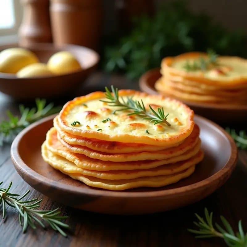 Plato rústico de madera con tortas de ajo arrieras doradas y crujientes, apiladas y acompañadas de una ramita de romero fresco, receta tradicional castellana.
