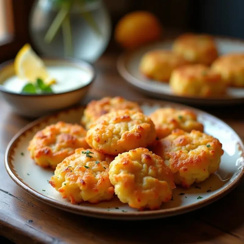 Tortas doradas y crujientes de alcachofa y gambas sobre plato blanco rústico, acompañadas de salsa de yogur y limón. Receta murciana tradicional para aperitivos.