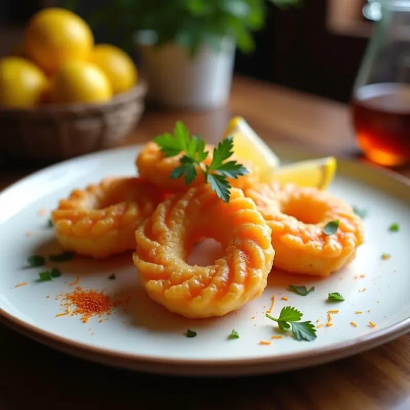 Plato blanco rústico con tortas de camarones doradas y crujientes, espolvoreadas con perejil fresco, acompañadas de rodajas de limón y un hilo de azafrán visible en la masa. Receta andaluza tradicional de fritura con toque a azafrán.