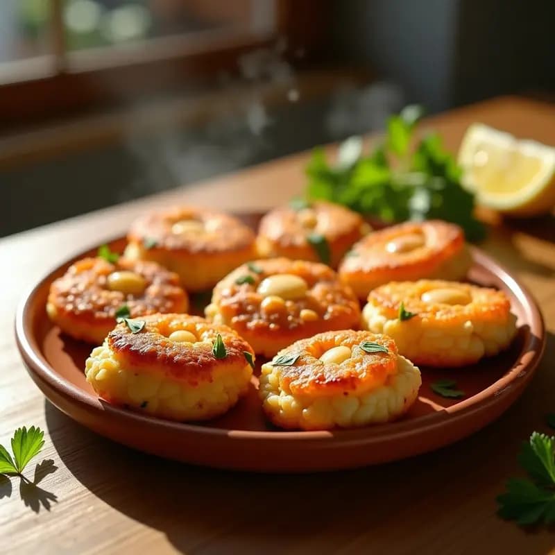 Tortas de camarones con perejil doradas y crujientes, servidas en un plato de barro rústico con rodajas de limón y perejil fresco espolvoreado. Entrante costero andaluz hecho en airfryer.