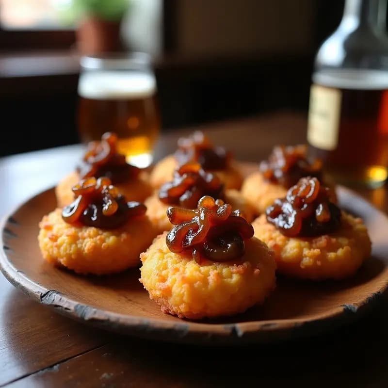 Plato de madera rústico con seis tortas de chicharro doradas y crujientes, coronadas con cebolla caramelizada brillante, servidas sobre papel de horno. Fondo borroso de una barra de bar gaditana.