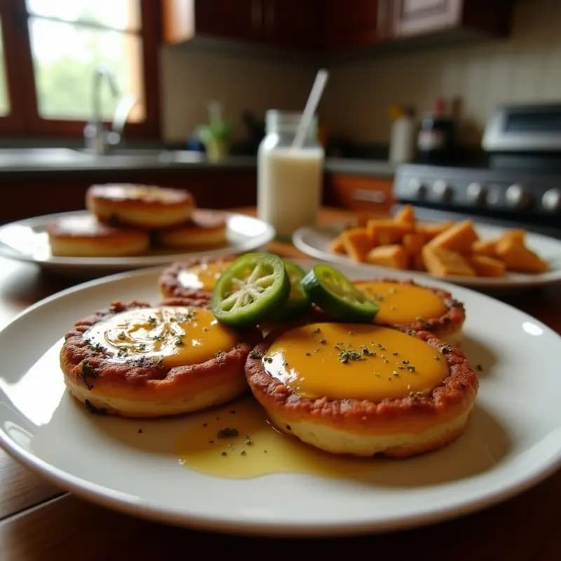 Plato rústico de tortas de chicharro doradas y crujientes, con trozos de pimientos asados visibles, servidas sobre papel absorbente. Receta murciana de aprovechamiento tradicional.