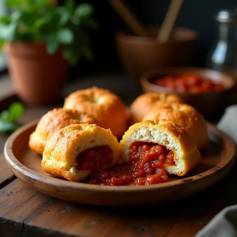 Plato rústico de madera con tortas de chicharrón doradas y crujientes, rellenas de arepa desmenuzada y cubiertas con hogao espeso. Al fondo, más tortas apiladas y salsa de tomate en un bol pequeño. Receta colombiana tradicional frita.