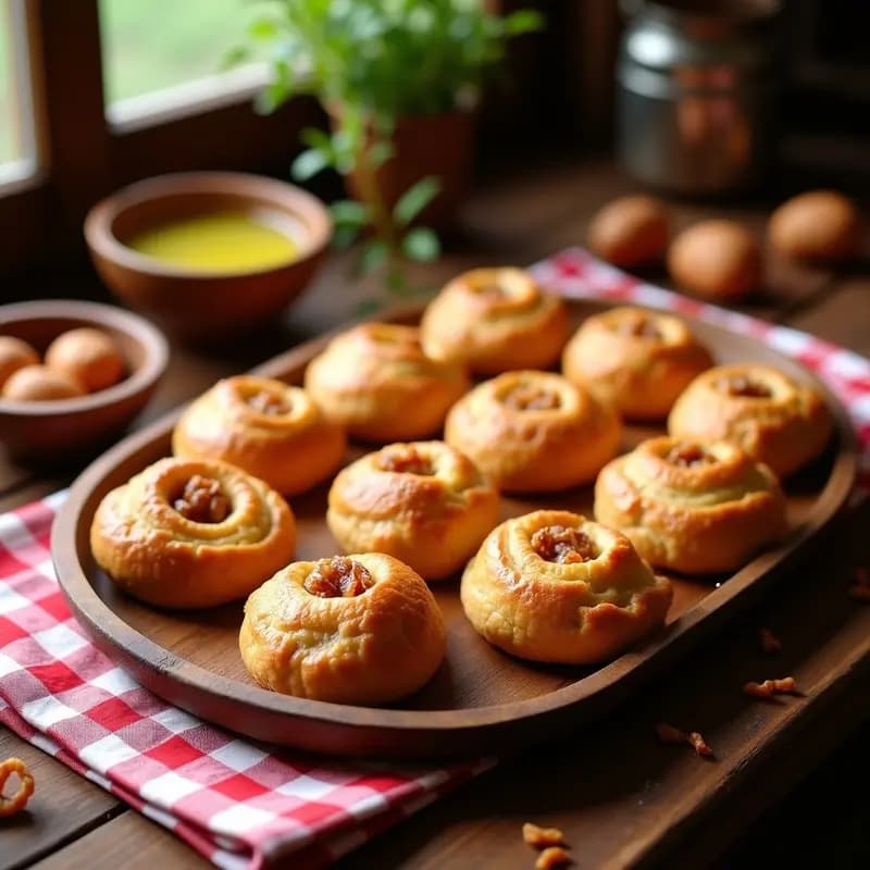 Tortas de chicharrones andaluces recién horneadas, doradas y crujientes, con trocitos de chicharrón visibles en su interior, dispuestas en una bandeja de madera rústica con un paño de tela a cuadros blancos y rojos.