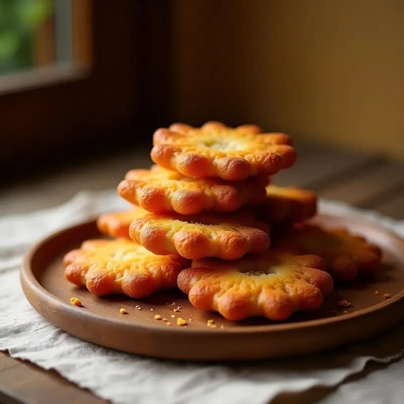 Plato de tortas de chicharrones andaluzas doradas y crujientes, apiladas con textura esponjosa por dentro y servidas en un mantel rústico de lino.