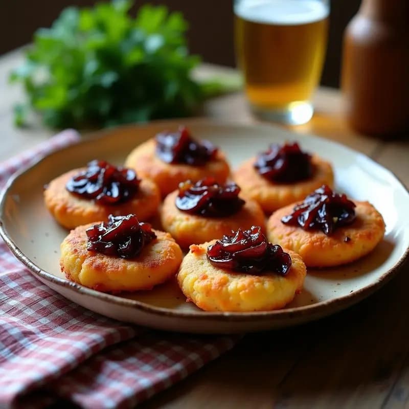 Tortas de chicharrones doradas y crujientes con cebolla caramelizada de color oscuro sobre un plato de barro rústico, típicas de la cocina sevillana.