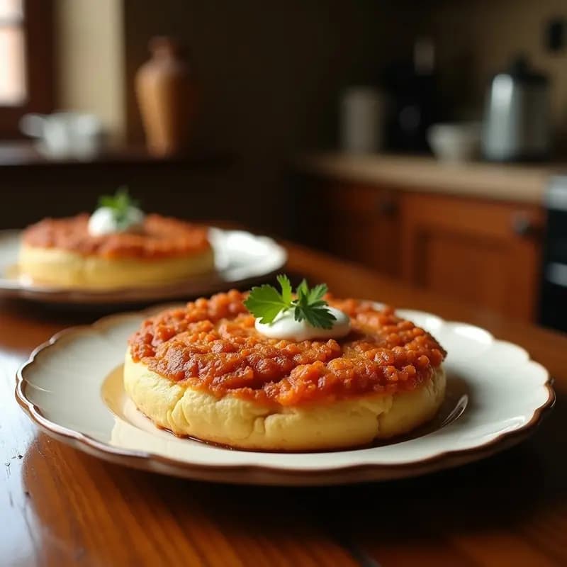 Tortas de chicharrones doradas y crujientes apiladas en un plato de barro, con trozos de chicharrones visibles en su interior, acompañadas de una vinagreta. Receta tradicional andaluza de pan frito con manteca.