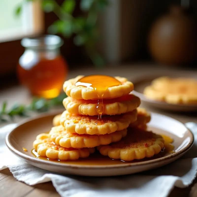 Plato rústico de cerámica con tortas de chicharrones con miel doradas y brillantes, apiladas y bañadas en miel de romero, sobre un mantel de lino blanco.