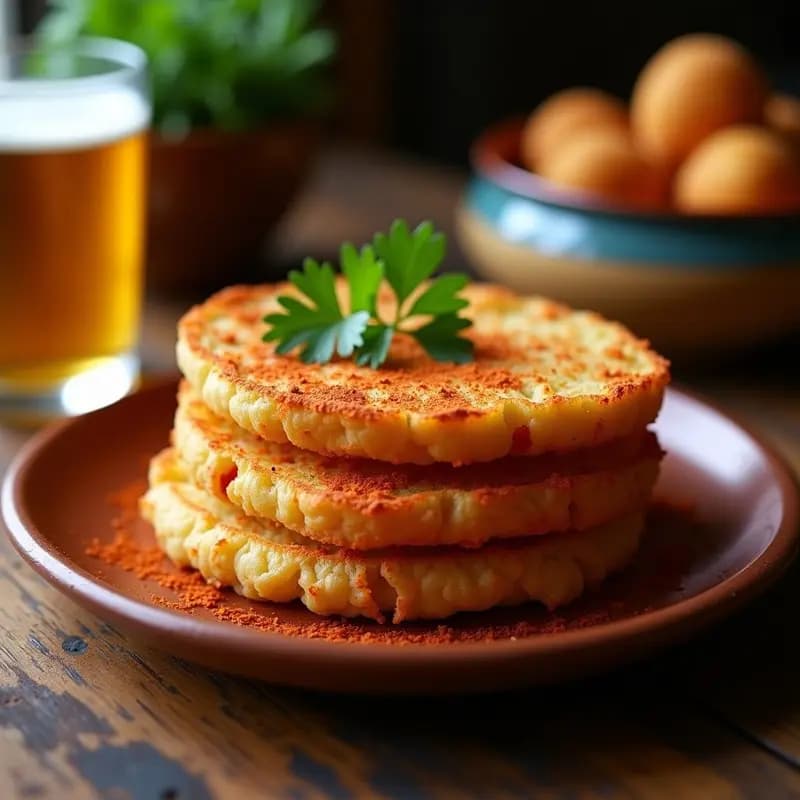 Tortas de chicharrones con pan de molde doradas y crujientes, apiladas en un plato rústico de barro con perejil fresco y pimentón espolvoreado, típicas de la cocina cordobesa.