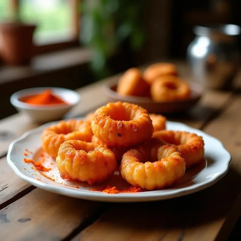 Tortas de chicharrones doradas y crujientes con pimentón de la Vera espolvoreado, servidas en plato blanco sobre fondo rústico de madera, típicas de la cocina andaluza.