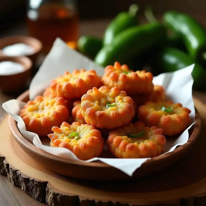Plato de madera rústico con tortas de chicharrones doradas y crujientes, con trocitos de pimienta verde visible en su interior, servidas sobre papel absorbente.