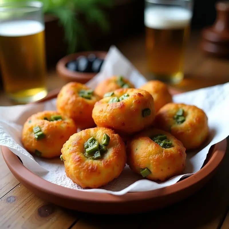 Tortas de chicharrones con pimientos verdes fritas, doradas y crujientes, servidas en un plato de barro rústico sobre papel absorbente, con trozos de pimiento verde visible en su interior. Tapa extremeña tradicional.