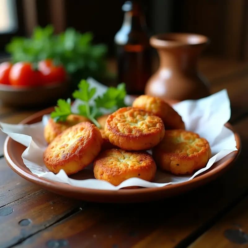 Plato rústico de barro con tortas de chicharrones con sesos doradas y crujientes, servidas sobre papel absorbente, acompañadas de perejil fresco. Receta extremeña de aprovechamiento y alta en proteína.