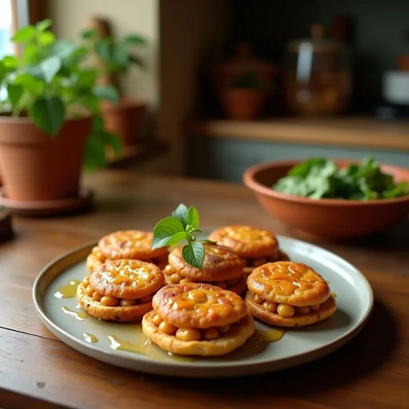 Plato rústico de madera con tortas de chicharros y harina de garbanzo doradas y crujientes, servidas sobre papel absorbente, acompañadas de rodajas de limón y perejil fresco, receta tradicional gaditana.