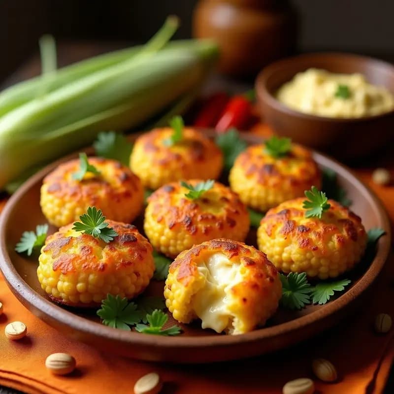 Tortas de choclo doradas con trozos de queso de almendras y pimiento rojo asado, servidas en plato rústico de cerámica, receta peruana sin lácteos.