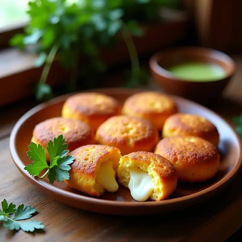 Plato rústico de madera con tortas de choclo doradas y esponjosas, rellenas de queso fresco derretido, acompañadas de perejil fresco y un cuenco de mojo verde al fondo. Receta tradicional canaria de maíz tierno.