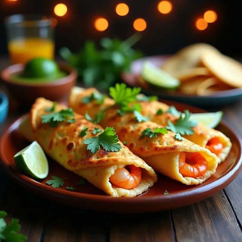 Tortas de camarón al ajo con limón, doradas y apetitosas, servidas en un plato de barro con rodajas de limón y cilantro fresco, fondo rústico.