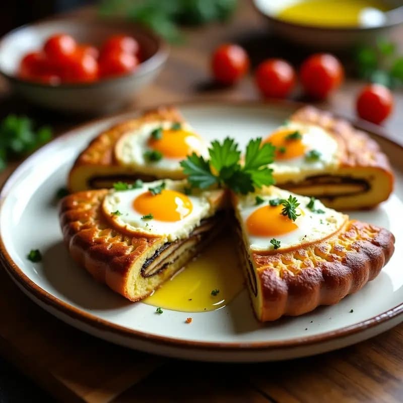 Tortas españolas doradas de patata y berenjena al horno, servidas en plato rústico con perejil fresco y aceite de oliva virgen extra.
