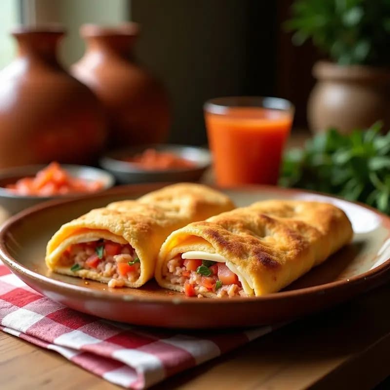 Tortas de gazpacho doradas y crujientes rellenas de atún desmenuzado y huevo duro picado, acompañadas de gazpacho fresco picado, servidas en un plato rústico de barro sobre una mesa de madera con fondo de cocina tradicional extremeña.