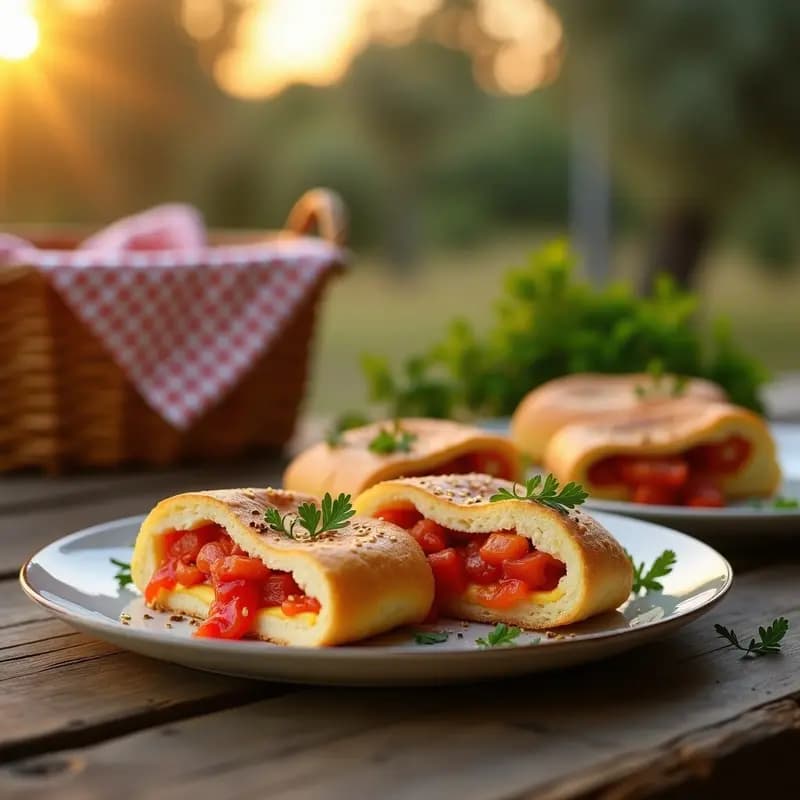 Tortas de gazpacho doradas y crujientes rellenas de atún, pimiento asado y cebolla, dispuestas en una bandeja de madera rústica con un fondo de campo andaluz.