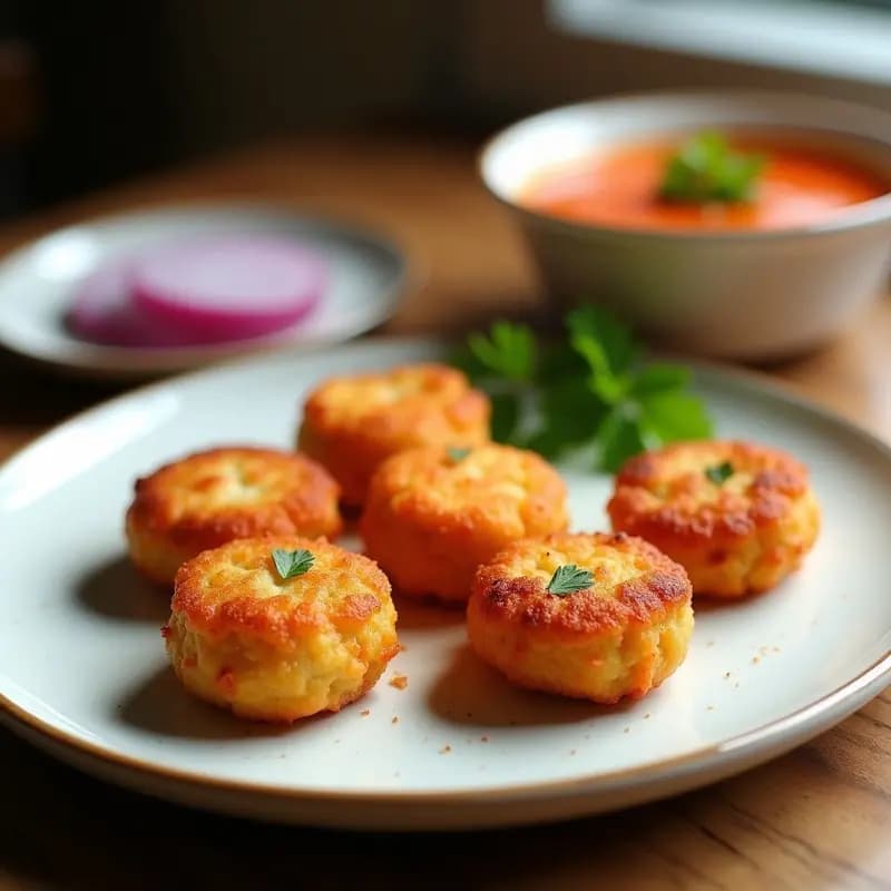 Tortas de gazpacho con atún doradas y crujientes por fuera, jugosas por dentro, servidas en un plato blanco con un poco de gazpacho líquido para mojar y perejil fresco espolvoreado.