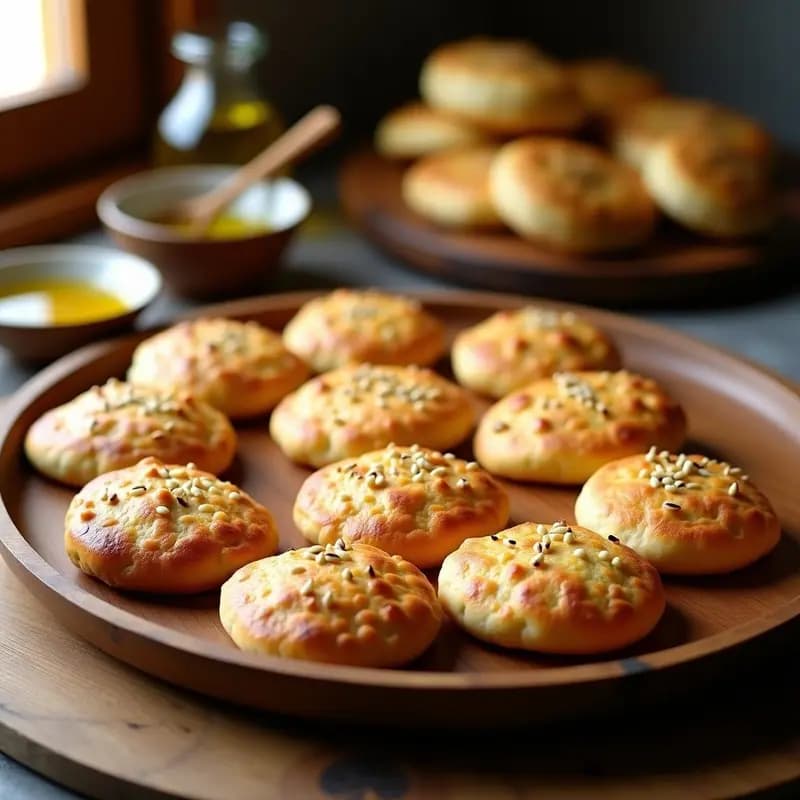 Tortas de gazpacho extremeñas doradas y crujientes, espolvoreadas con semillas de sésamo y pimentón, dispuestas en una bandeja de madera rústica con aceite de oliva al fondo.