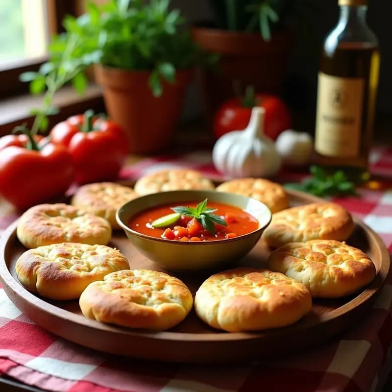 Tortas de gazpacho extremeñas doradas y crujientes sobre una bandeja de madera, con semillas de sésamo y un toque de aceite de oliva virgen extra, acompañadas de un cuenco de gazpacho y tomate fresco.