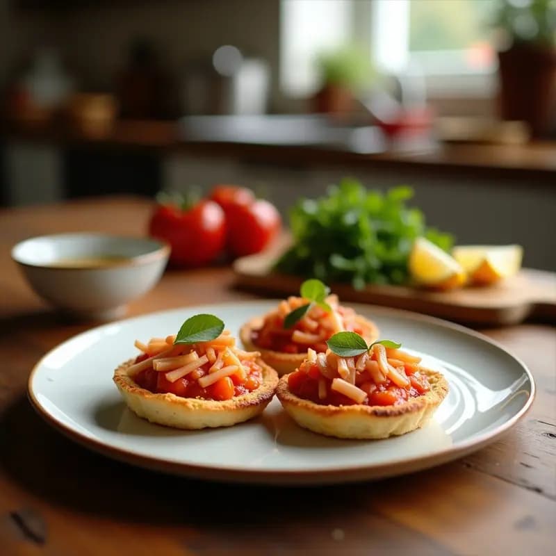 Tortas doradas de gazpacho con trocitos de sardina, servidas en un plato de barro rústico sobre una mesa de madera con un fondo de verduras frescas y un cuenco de alioli.