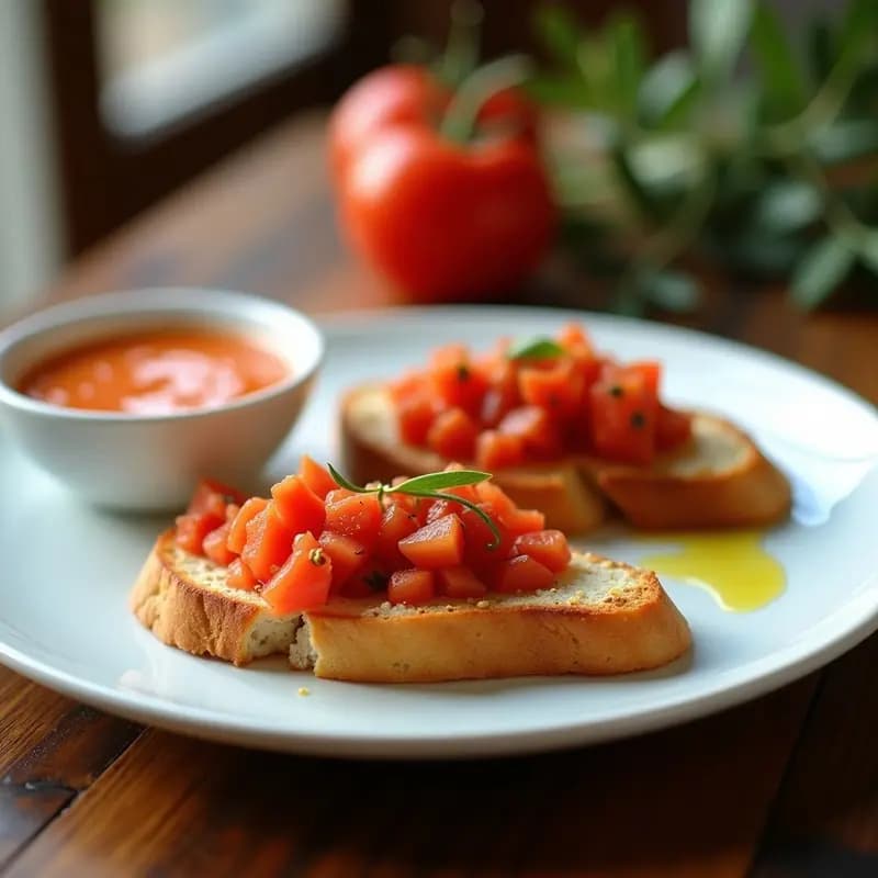 Tortas de gazpacho andaluz crujientes con tomate seco y atún, servidas en plato de cerámica blanca con salsa de gazpacho al lado y semillas de sésamo visibles.